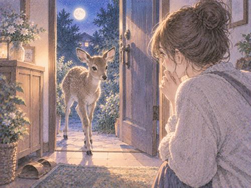 開いた玄関から家の中へ入ってくる動物