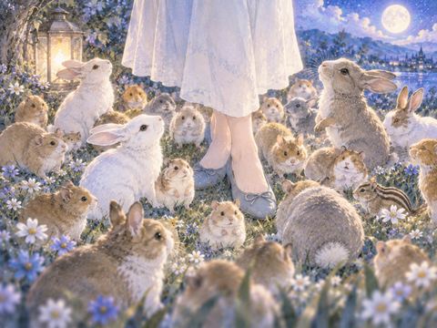 足元にたくさん集まった小さな動物たち