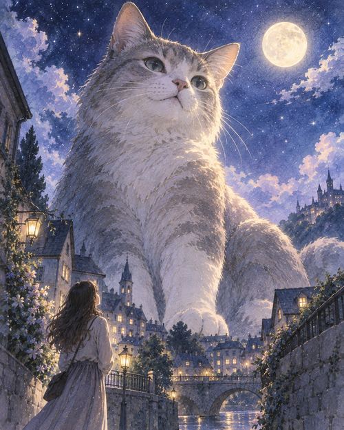 建物より大きな巨大な猫を見上げる夢の景色