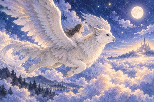 翼を持つ空想の獣が夜空を進む夢の景色