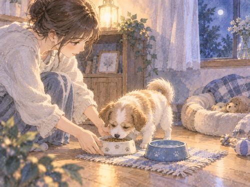 小さな動物へ食事を用意して世話する手元