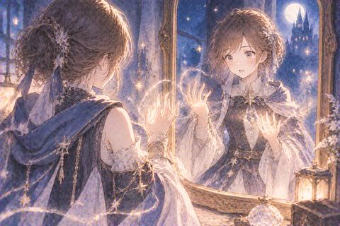 アニメキャラの姿になった自分を見つめる女性