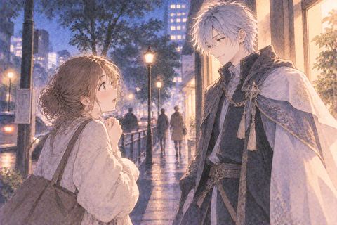現実の街に現れたアニメキャラを見る女性