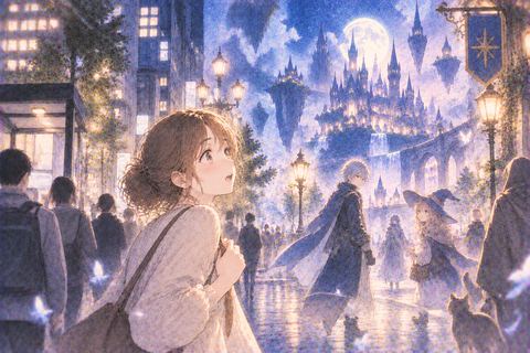 現実の街とアニメ世界が溶け合う中に立つ女性