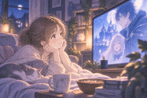好きなアニメを穏やかに見る女性
