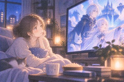 見知らぬアニメを興味深そうに見る女性