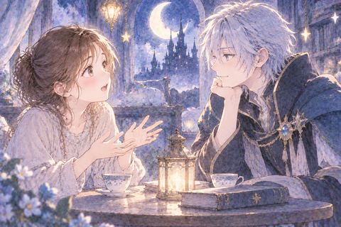 アニメキャラと向き合って話す女性