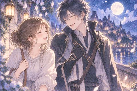アニメキャラと並んで笑う女性