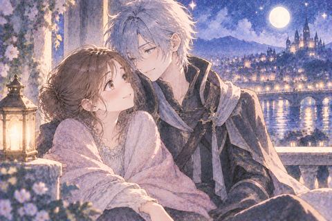 アニメキャラと穏やかに寄り添う女性