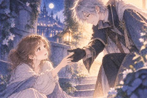 アニメキャラに手を差し伸べられる女性