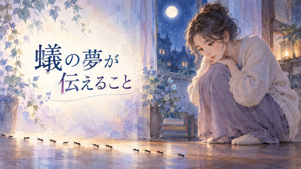 夜の部屋で蟻の行列を見つめる大人の女性