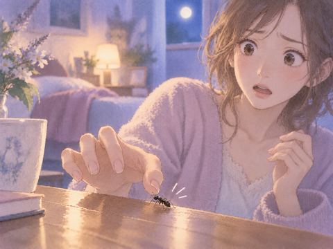 指先に蟻が触れ思わず手を引く女性の手