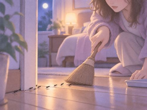 床の蟻をほうきで外へ追い出そうとする場面