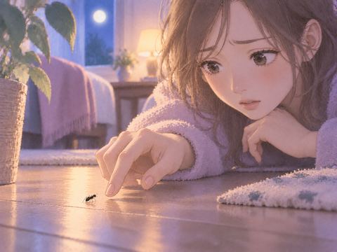 一匹の蟻へ手を伸ばし迷っている場面
