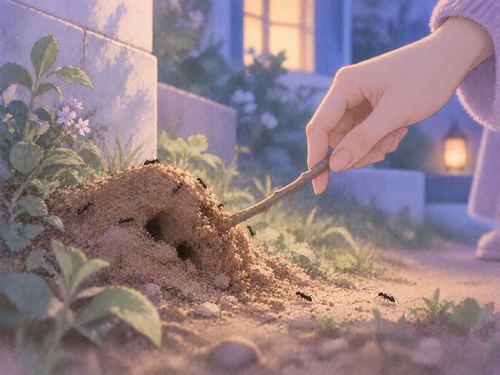 小枝で蟻の巣の土を崩そうとしている手元