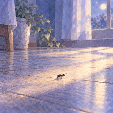 淡い光の中を一匹だけ歩く小さな蟻
