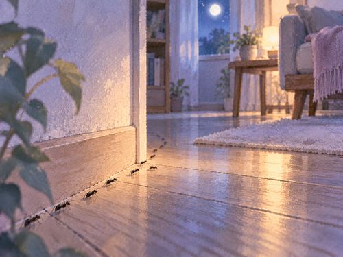 夜の家の床と壁際を歩いている数匹の蟻