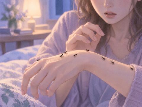 手の甲から腕へ小さな蟻が這っている様子