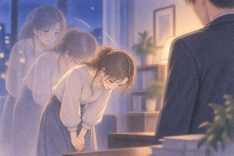 何度も頭を下げて疲れた表情の女性