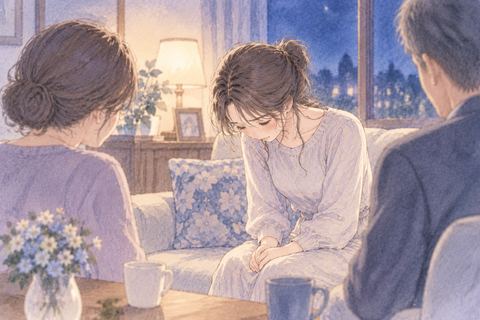 家族に申し訳なさそうに謝る女性