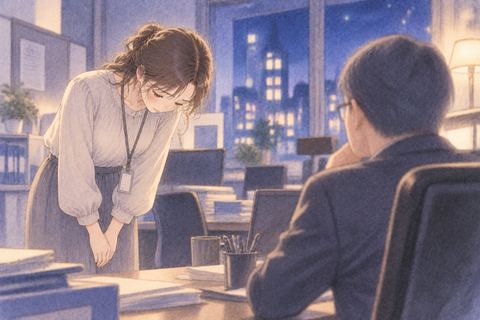 職場で上司に緊張しながら謝る女性