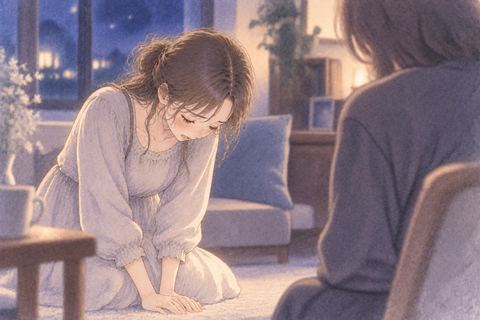 涙を流しながら相手に謝る女性