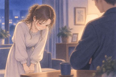 納得できない表情のまま謝る女性