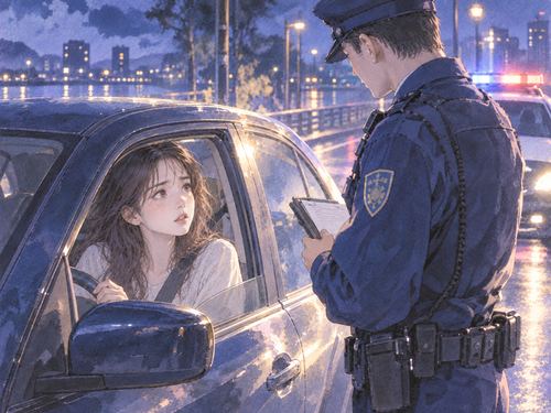 夜の道路脇で警察官に止められた運転者