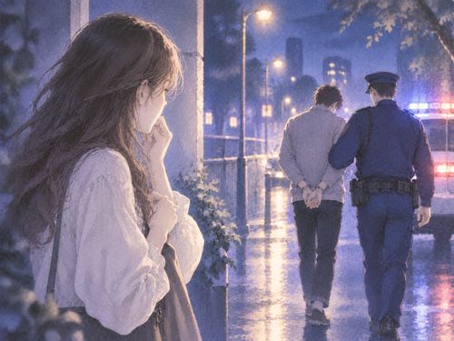 警察官に連れられる恋人を見つめる女性