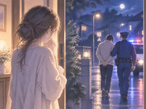 家の玄関から警察官と離れていく夫を見る女性