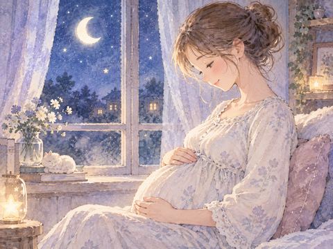 お腹に両手を添えて穏やかに見つめる妊婦