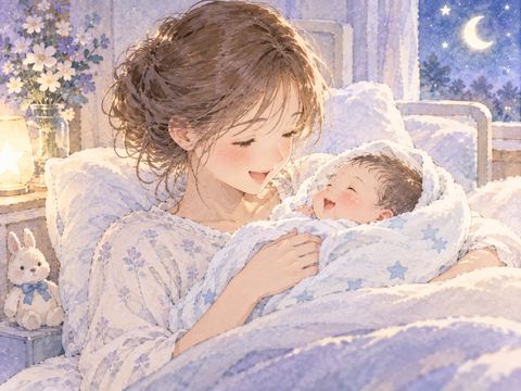生まれた男の子を見て安堵する母親