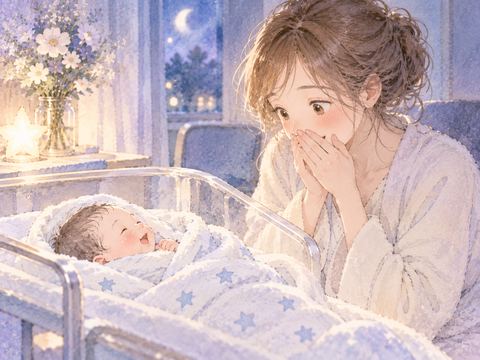 生まれた男の子を驚きながら見つめる女性