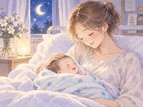 赤ちゃんをそばに置き安心して微笑む女性