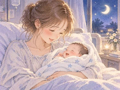 疲れながら生まれた男の子を見て安堵する女性