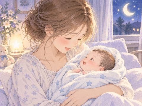 生まれた男の子を両腕で優しく抱く女性