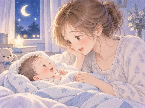 赤ちゃんの男の子と向き合って話す女性