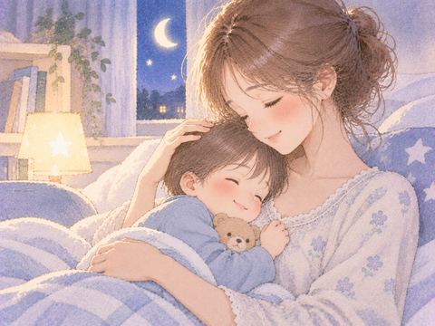 女性の胸元へ安心して寄り添う幼い男の子