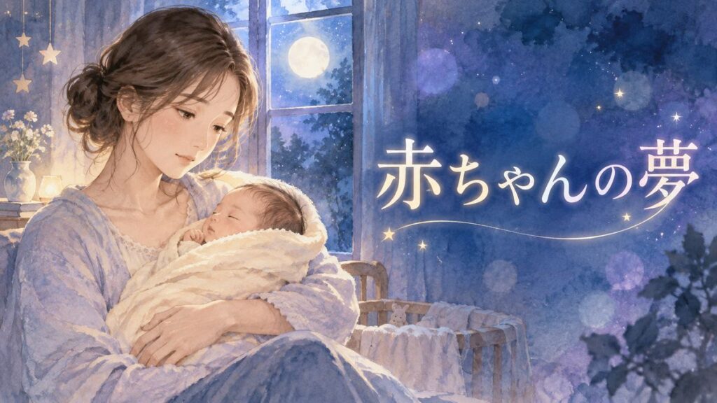 月明かりの部屋で赤ちゃんを抱き、夢の余韻を感じる大人の女性