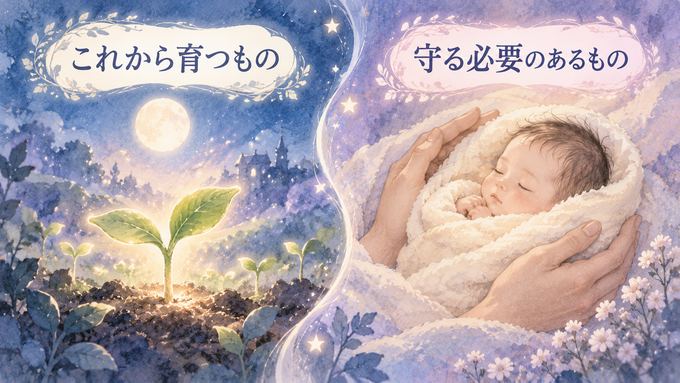 芽吹く光と守られる赤ちゃんを二つのイメージで表した夢占いの図