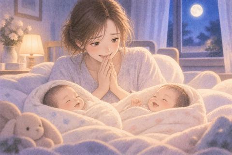 二人の赤ちゃんを前に喜びと戸惑いを感じる女性
