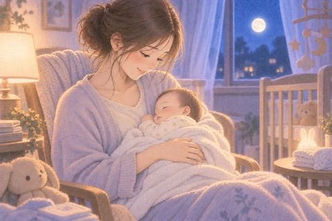 眠りかけた赤ちゃんを静かに寝かしつける女性