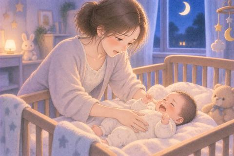 泣く赤ちゃんを心配して抱き上げようとする女性
