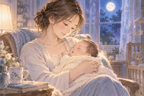 夜の部屋で自分の赤ちゃんを愛おしそうに抱く女性