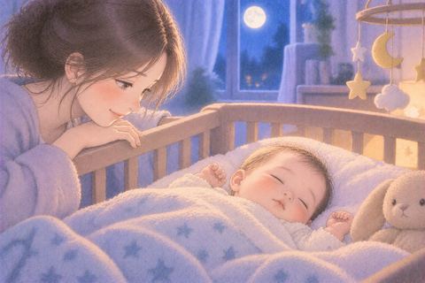 月明かりの下ですやすや眠る赤ちゃん
