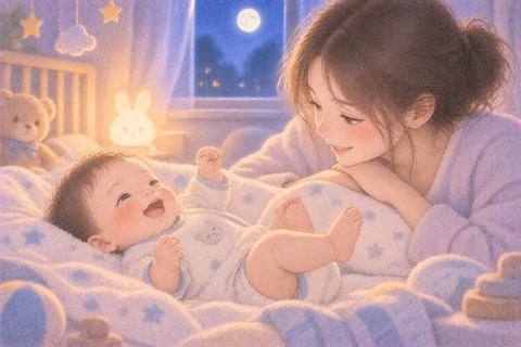 元気に手足を動かす男の子の赤ちゃんを見守る女性