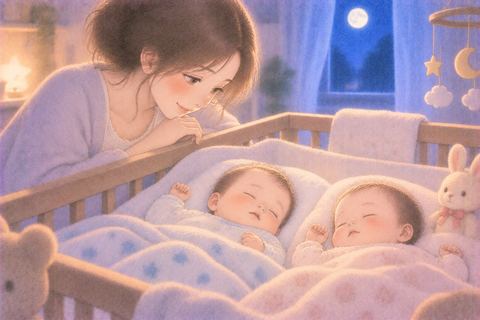 並んで眠る双子の赤ちゃんを見つめる女性