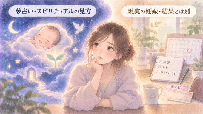 赤ちゃんの夢の象徴と現実の妊娠や宝くじの結果を分けて考える女性の図