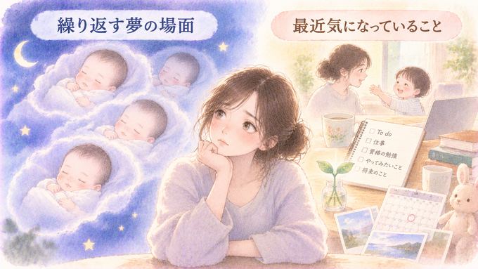 同じ赤ちゃんの夢が重なり、日中の家族や仕事の関心と並んで見える図