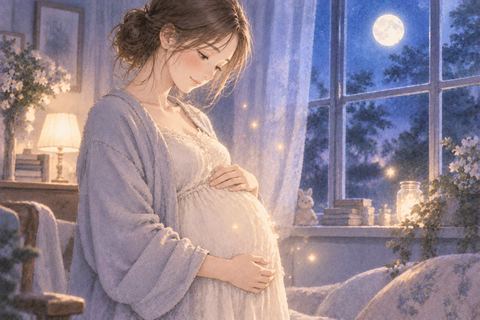 大きなお腹に手を添え赤ちゃんの存在を感じる女性